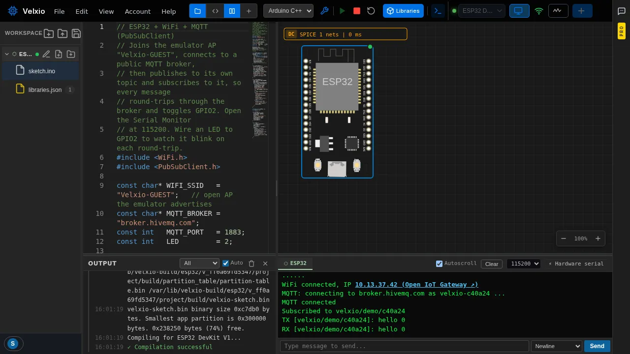 The MQTT example running against a real broker