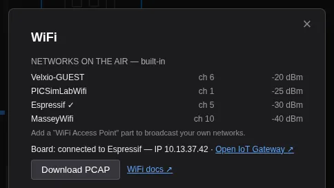 The WiFi panel listing the four built-in networks with their channels and signal strengths