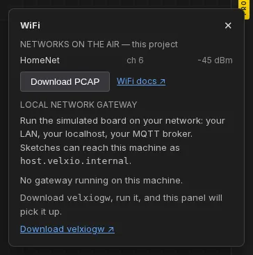 The WiFi panel showing the networks on the air for this project, Download PCAP and the local gateway section